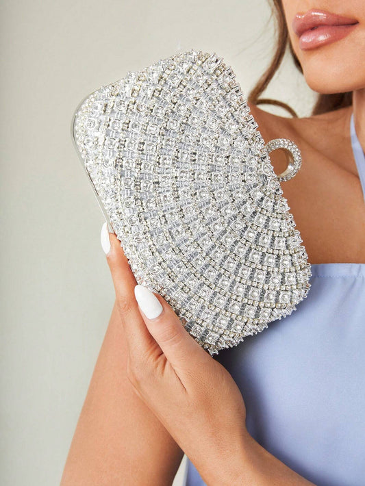 SĂžlv Clutch Taske - Hardcase med Krystalperle Design