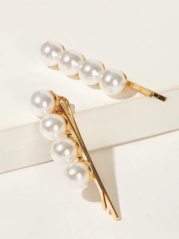 Golden Hair Clips with White Round Pearls