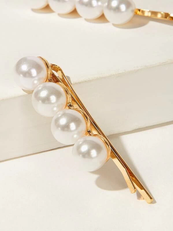 Golden Hair Clips with White Round Pearls