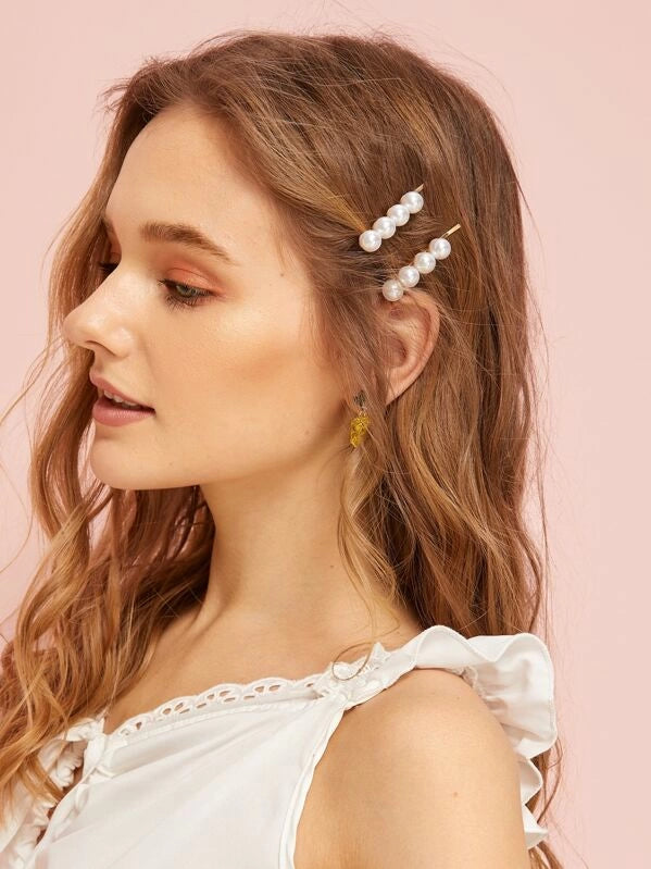 Golden Hair Clips with White Round Pearls