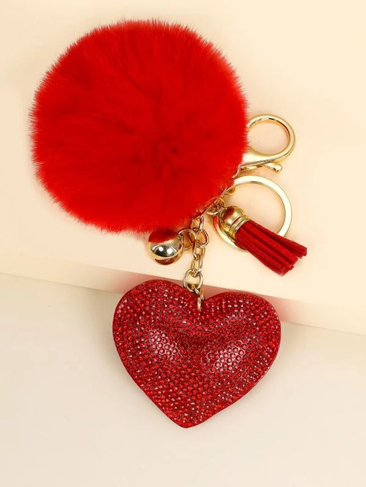 Nøglering med Glansfuld Hjerte, Klokke, Tassel & Pom Pom - i Rød