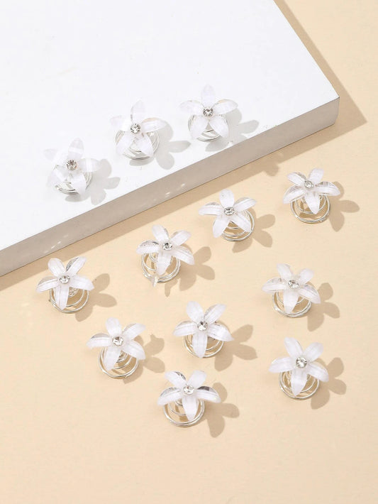 12 stk Hårspiraler med Hvide Blomster