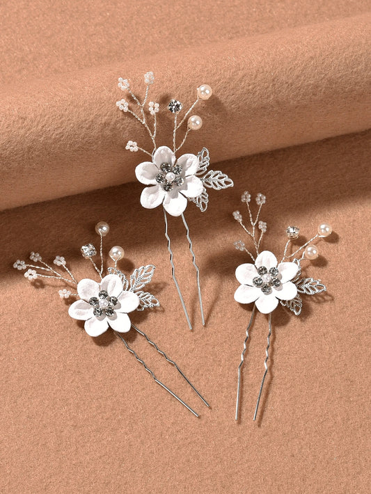 3 SÞlv HÄrnÄle med Hvide Blomster og Perler