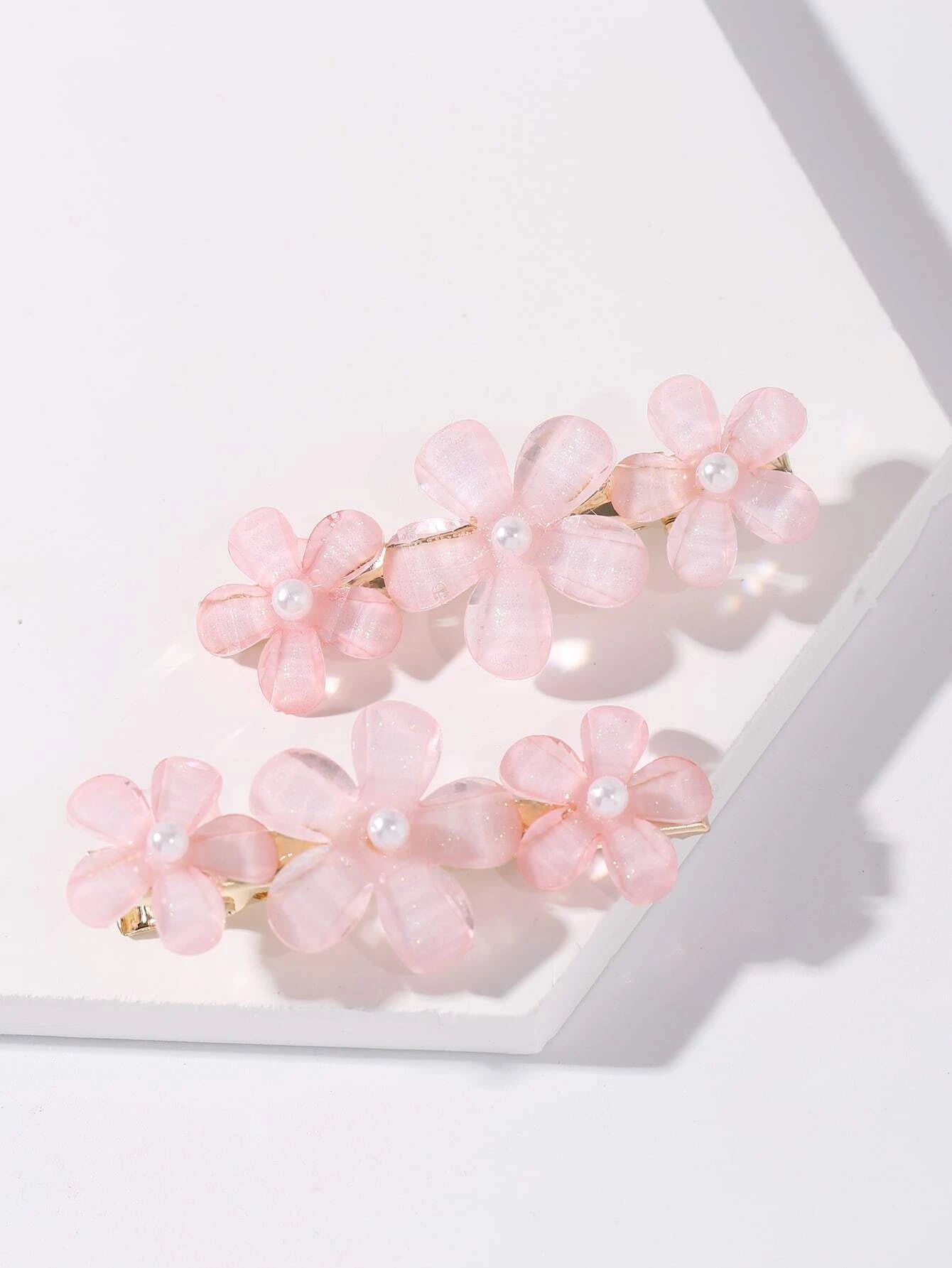 Golden Hair Clips with Pink Flower Beads