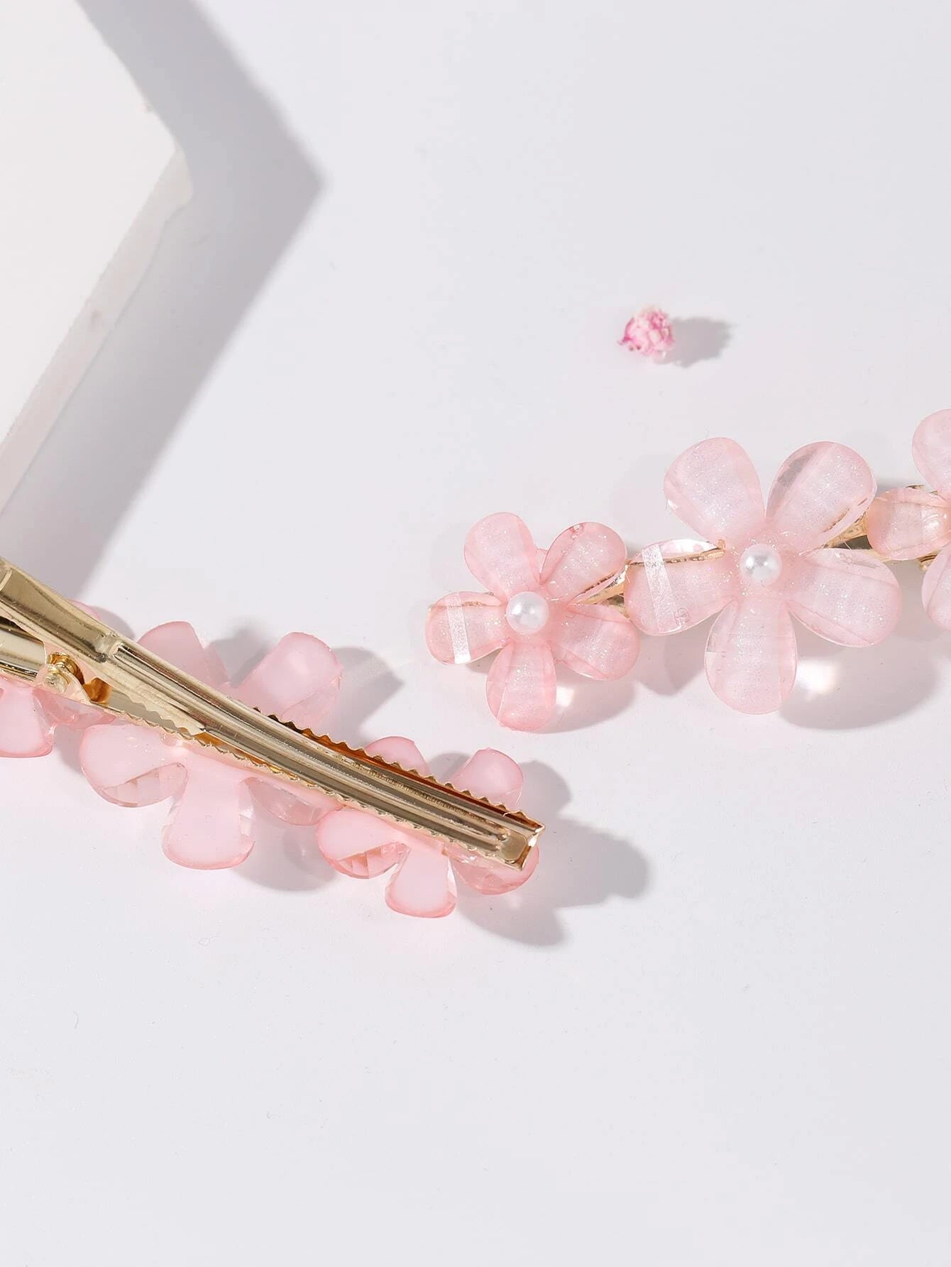 Golden Hair Clips with Pink Flower Beads