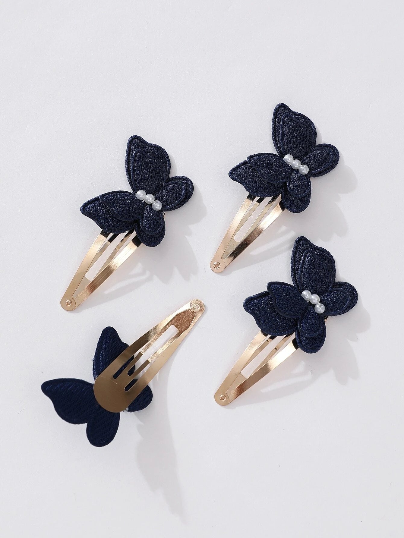 4 Gold Hair Clips with Blue Butterflies and Pearls