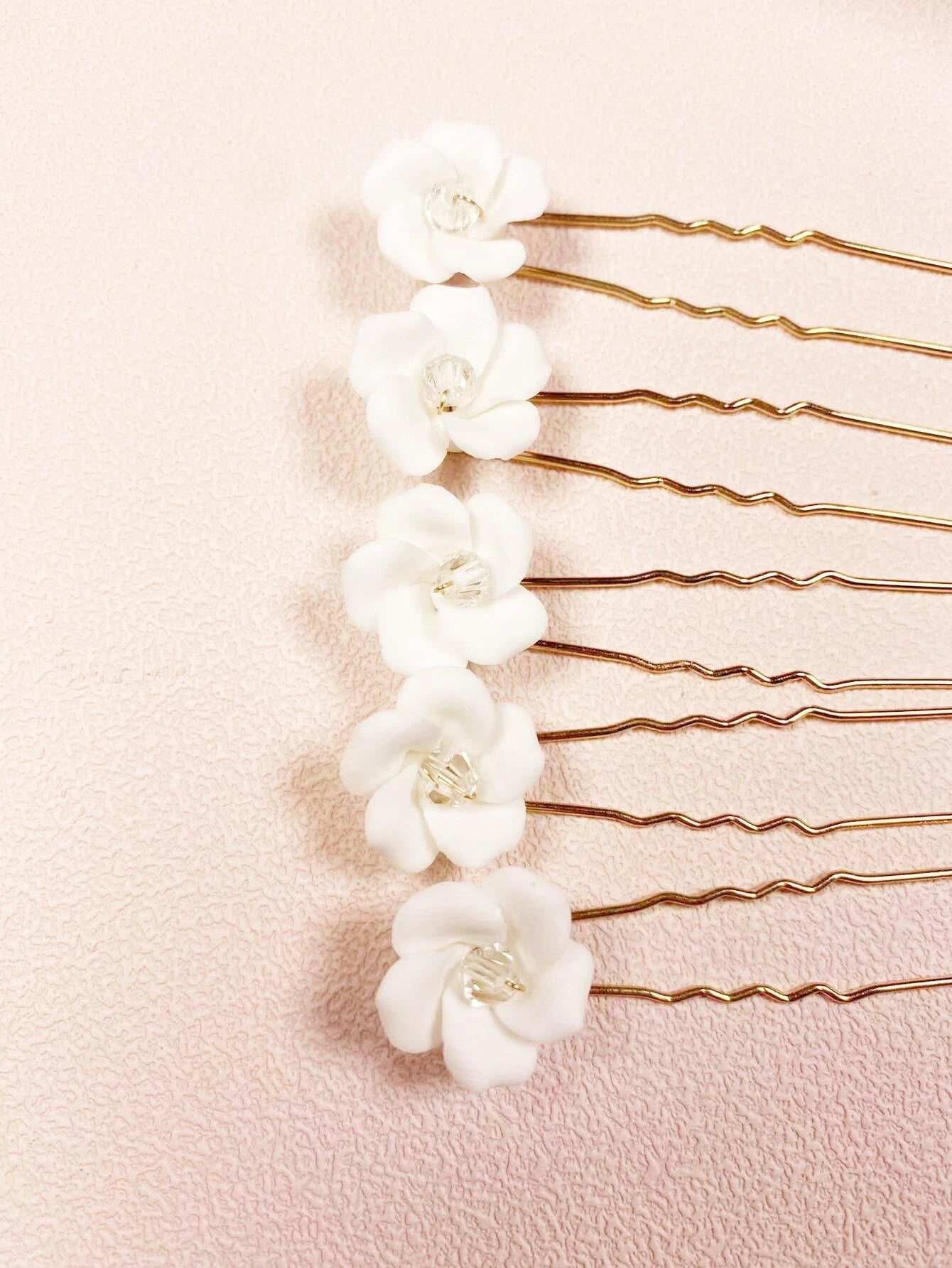 5 Gyldne Hårnåle med Hvide Perle Blomster