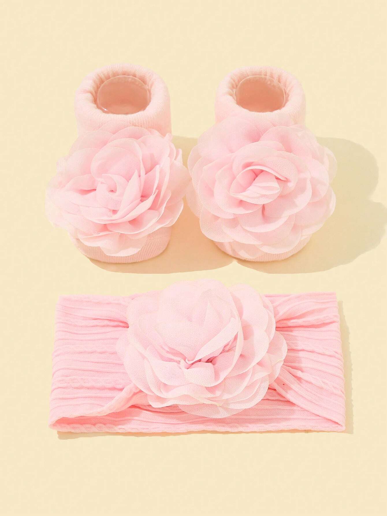 Baby Hårbånd og Sokker med Blomster - i Lyserød