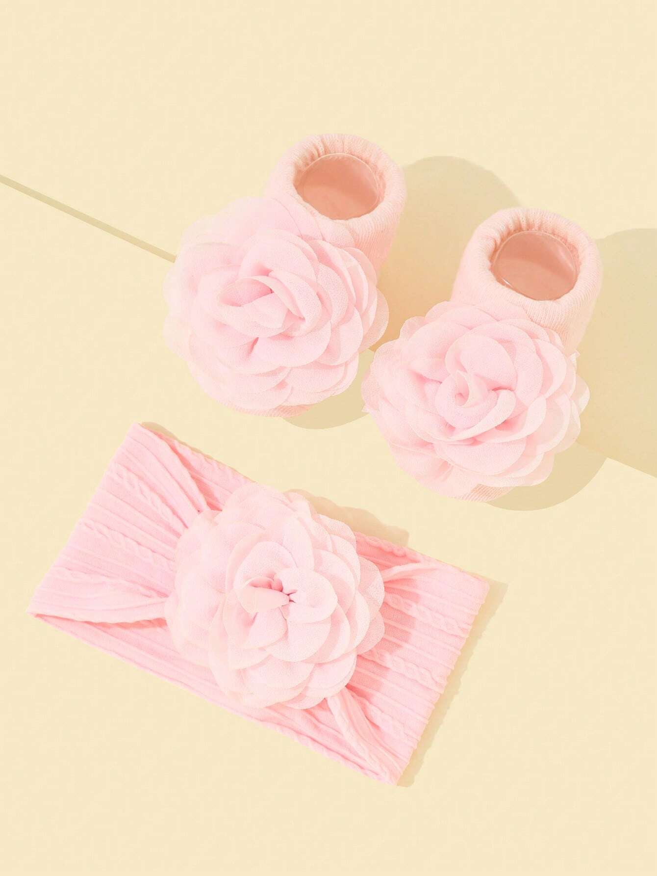 Baby Hårbånd og Sokker med Blomster - i Lyserød