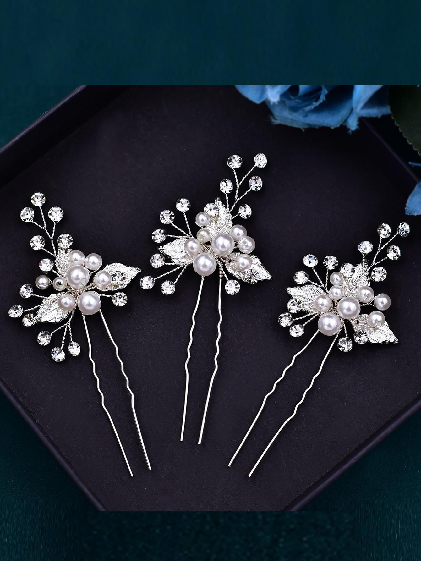 3 Stk Sølv Hårnåle med Hvide Perle-Blomster, Sølvblade og Krystalperler