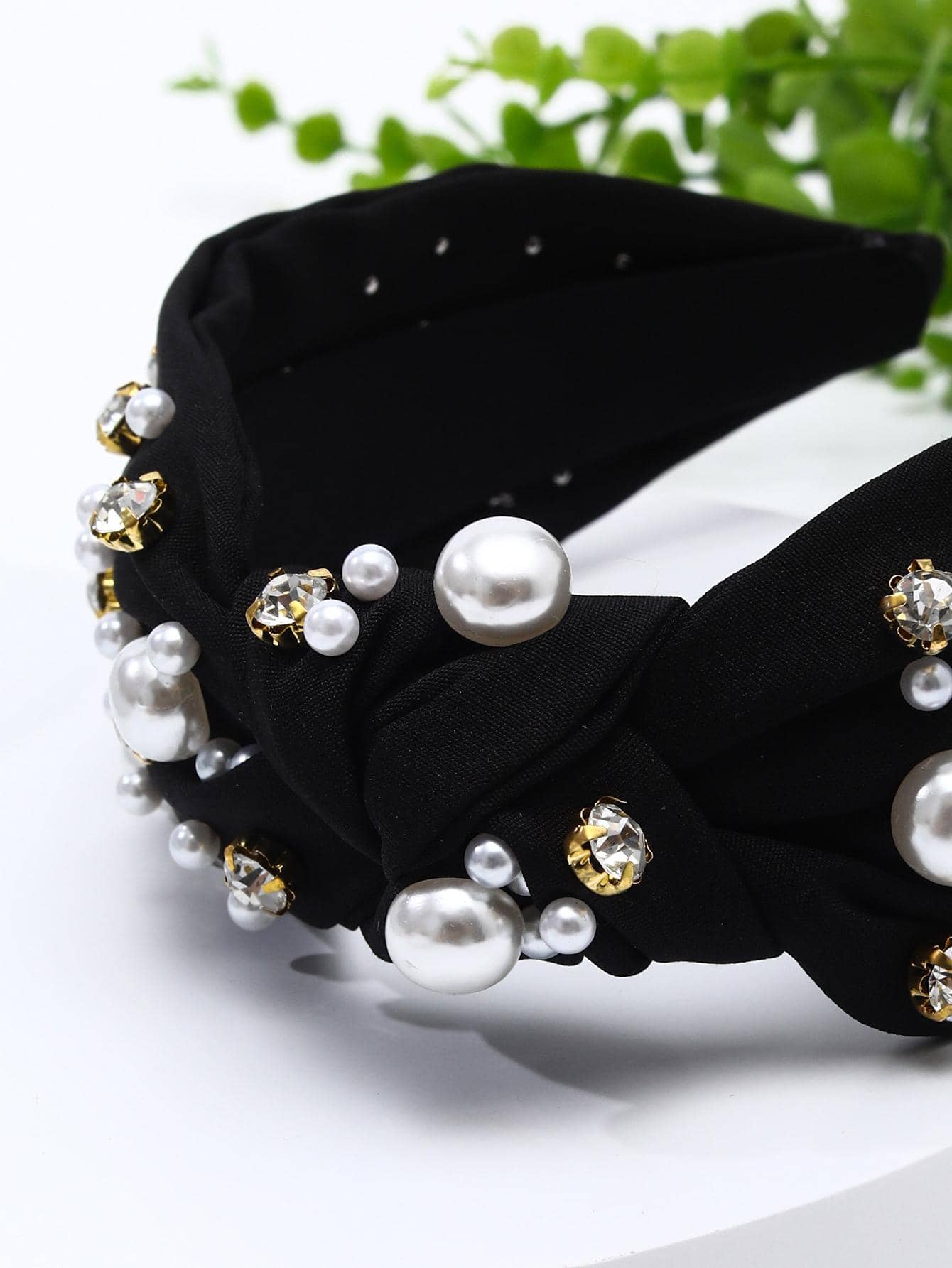 Bred Sort Hårbøjle med Perle Design