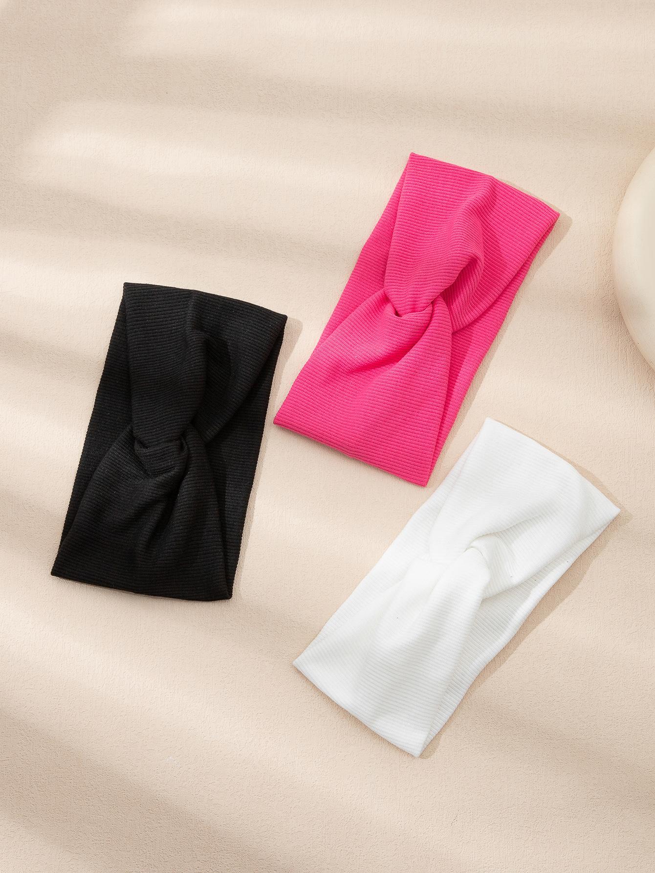 3 Stk Brede Hårbånd - Ribstrik i Sort, Pink & Hvid
