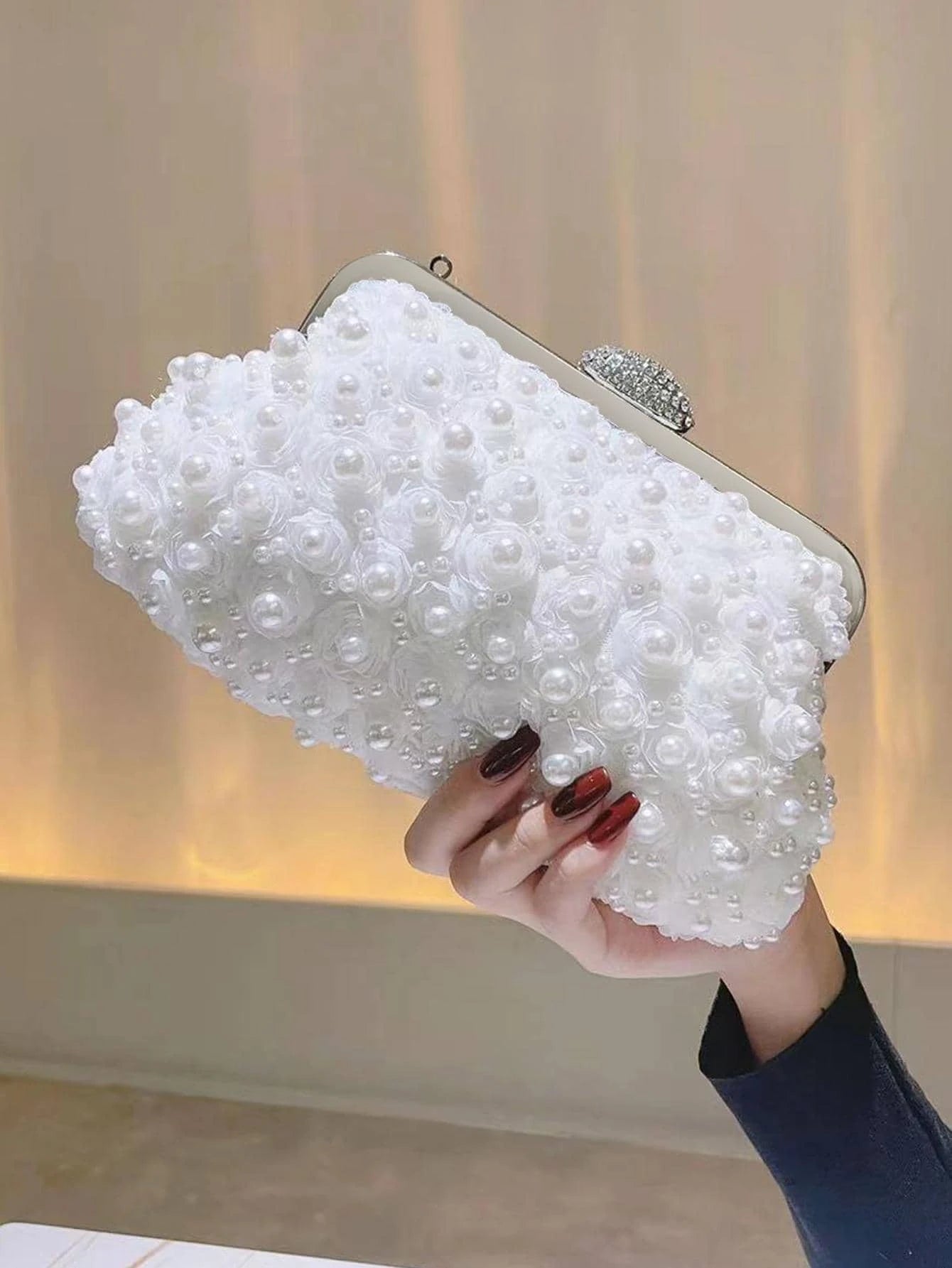 White Clutch Bag with Pearls and Crystal Frame Clasp