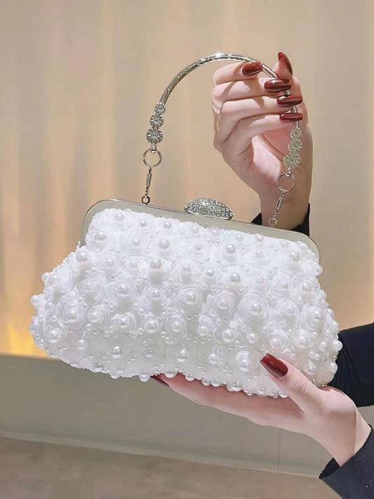 Hvid Clutch Taske med Perler og Krystal-RammelÄs