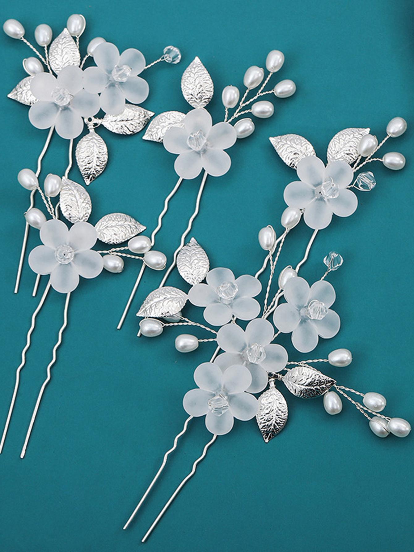 5 Stk Hårnåle med Hvide Blomster, Sølv Blade og Perler