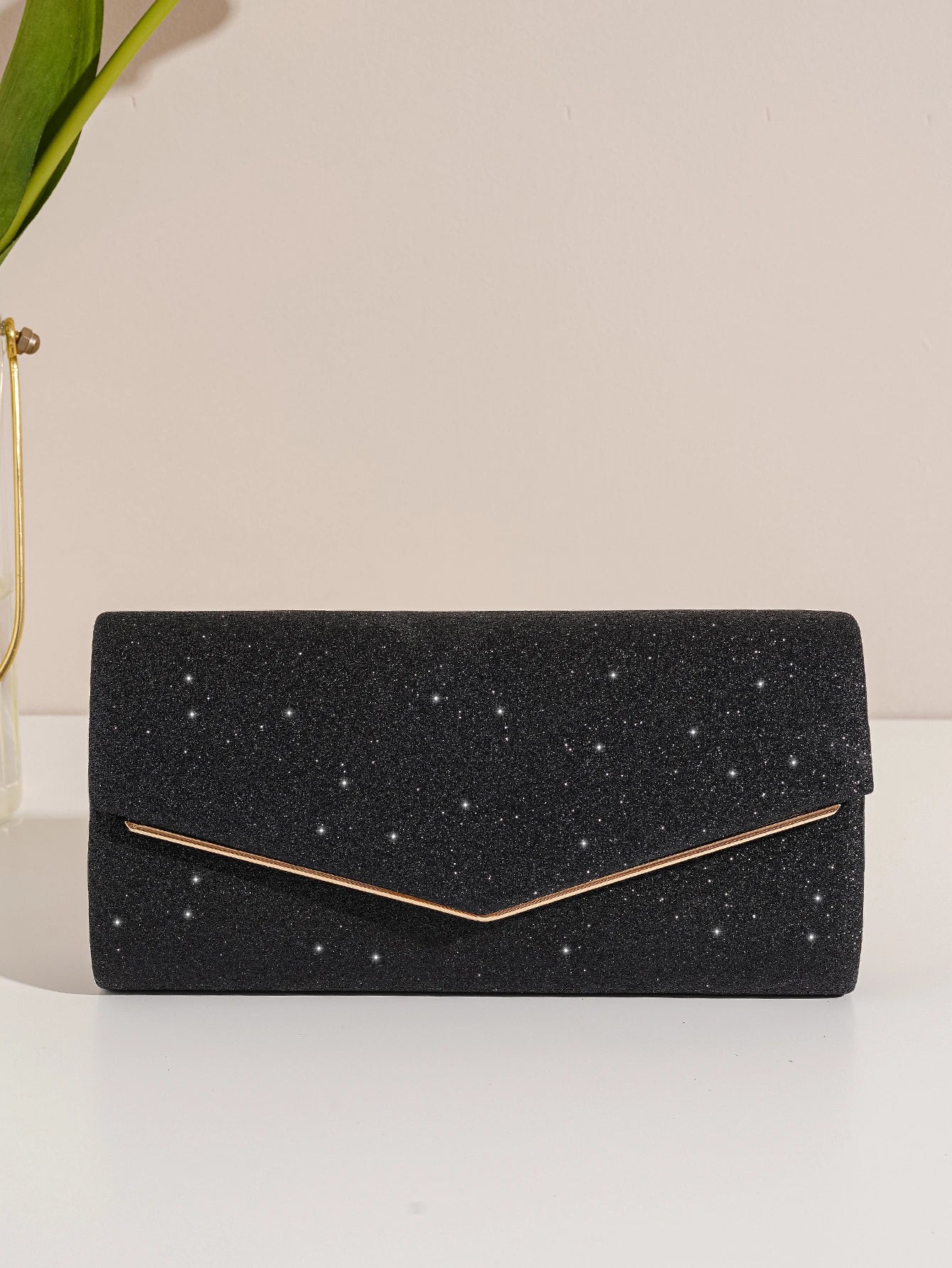 Sort Clutch Taske - med Glitter og Guldkant