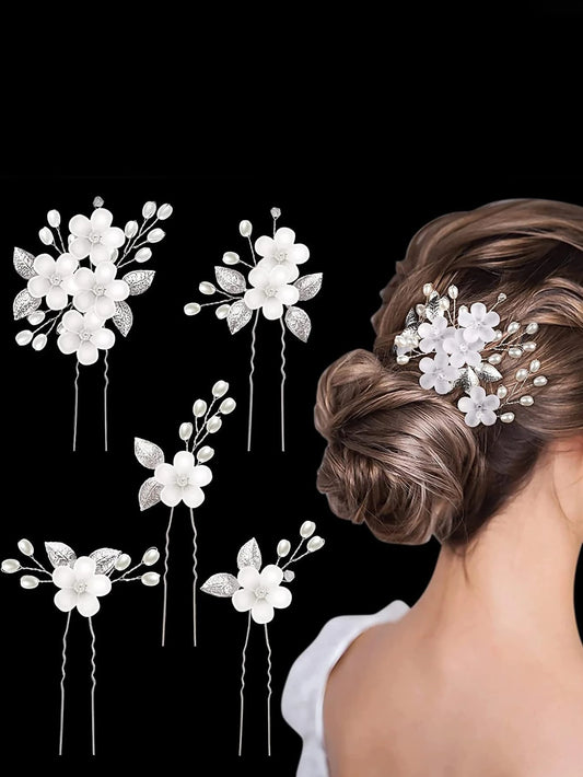 5 Stk HÄrnÄle med Hvide Blomster, SÞlv Blade og Perler