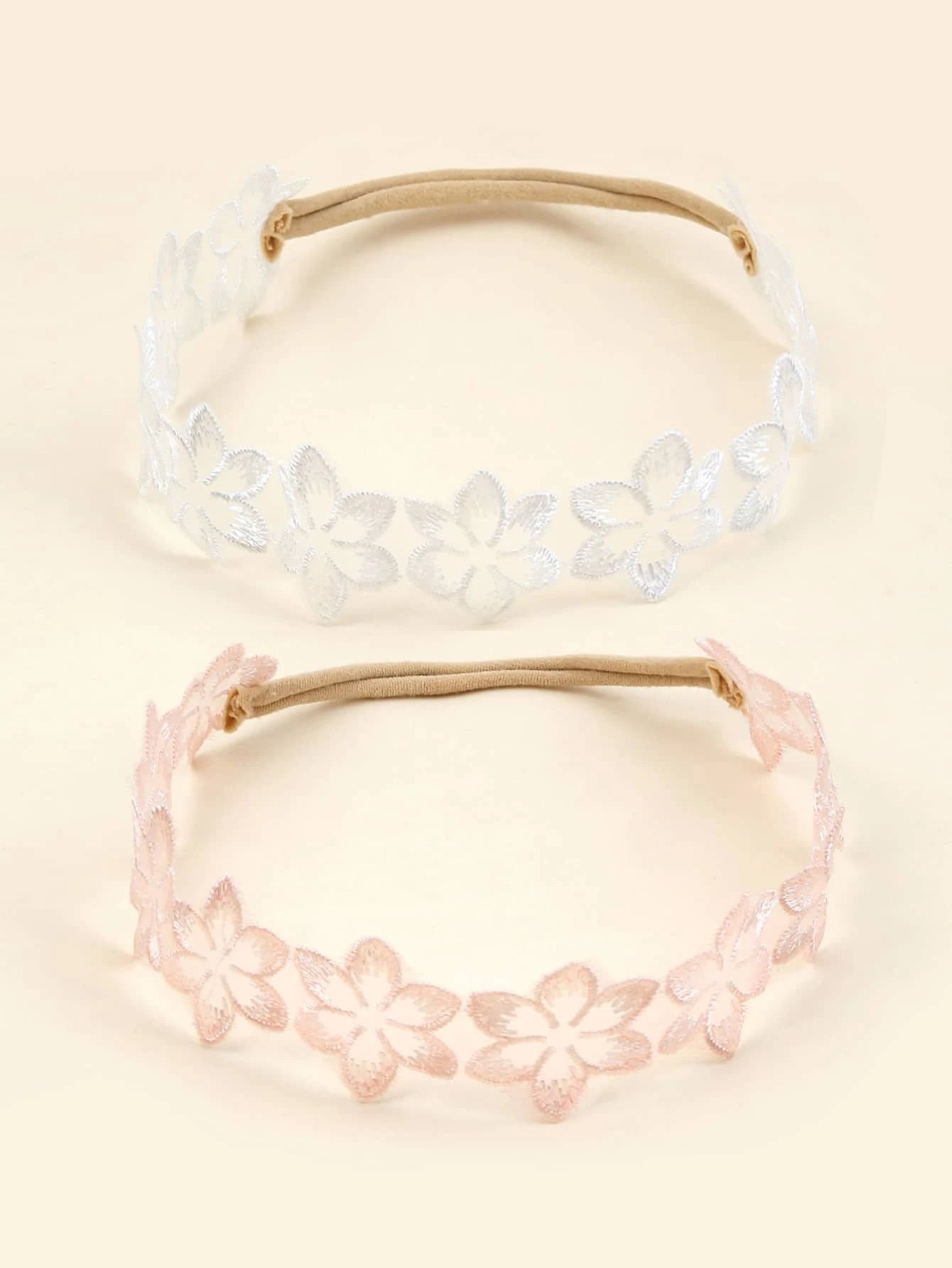 2 stk Baby Hårbånd med Broderede Blomster - i Hvid & Lyserød