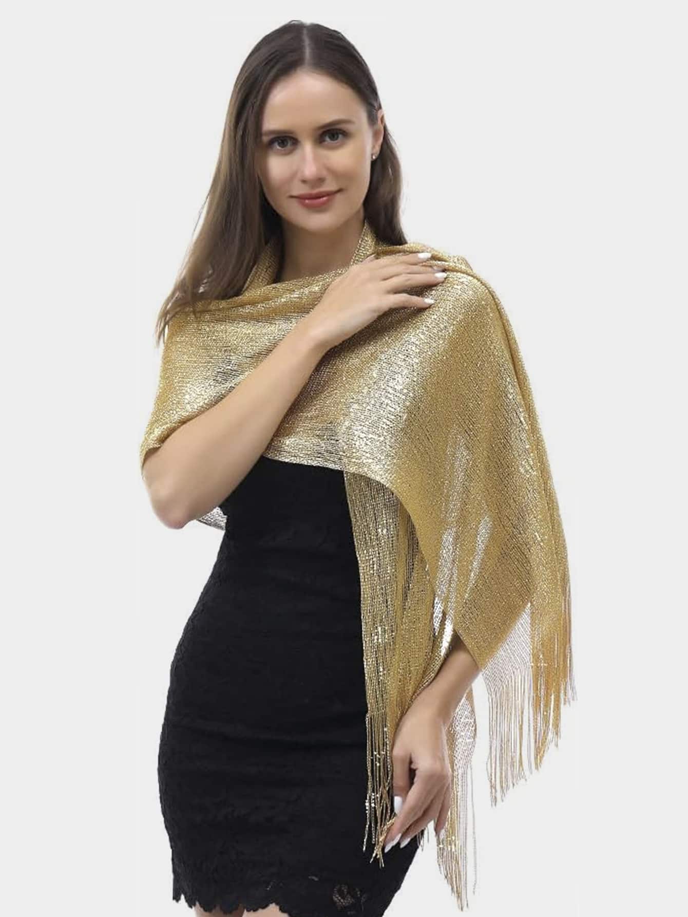 Guld Glitter Tørklæde - Sjal med Frynser & Spænde