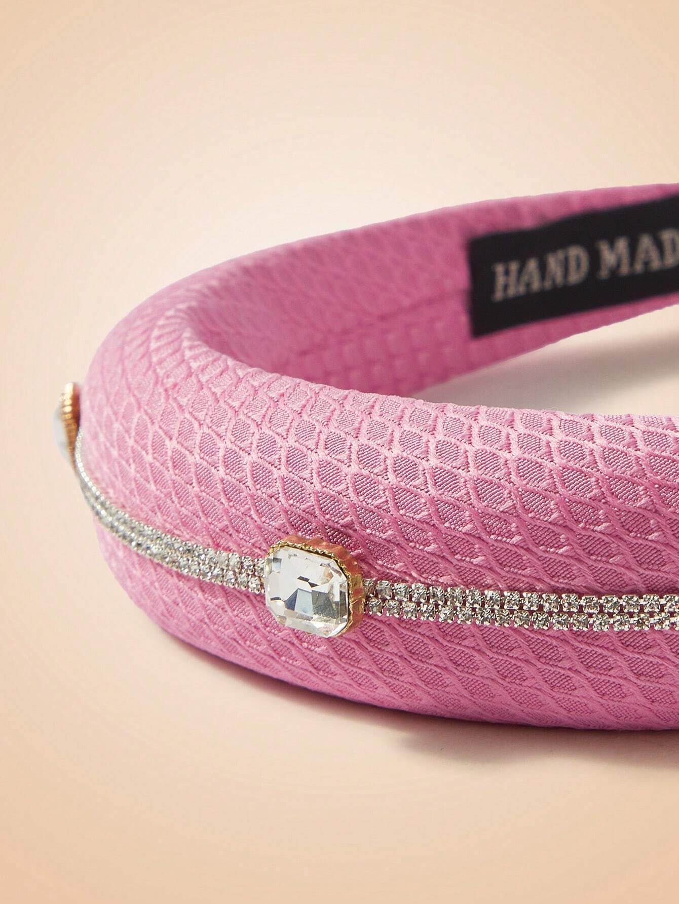 Lyserød Polstret Hårbøjle med Krystalperle Bånd