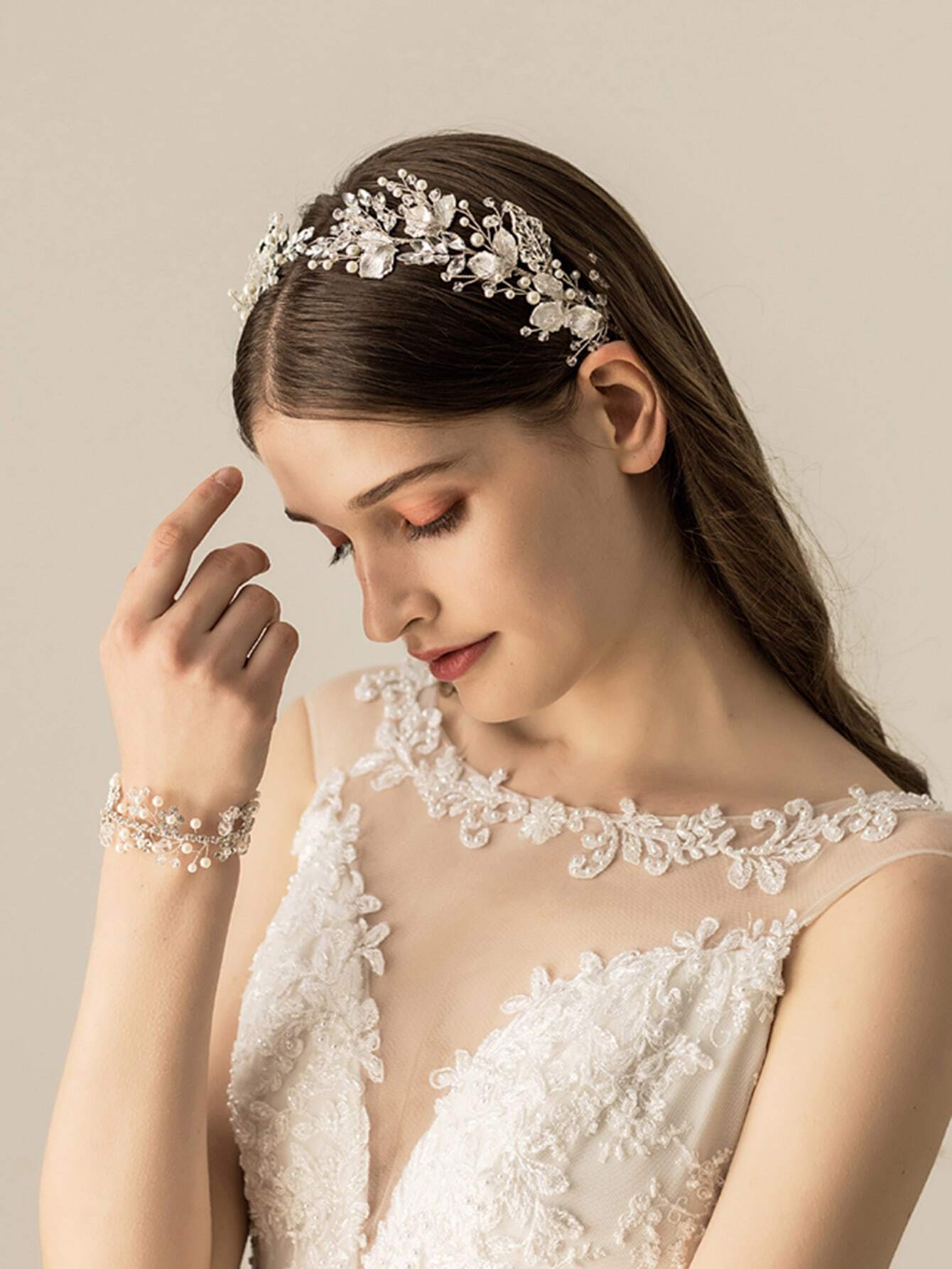Sølv Hårsmykke med Blade & Perler / Diadem