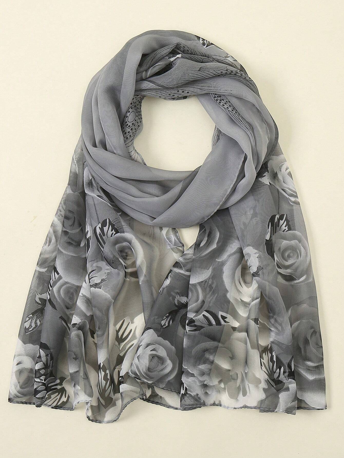 SølvGrå Chiffon Tørklæde med Roser