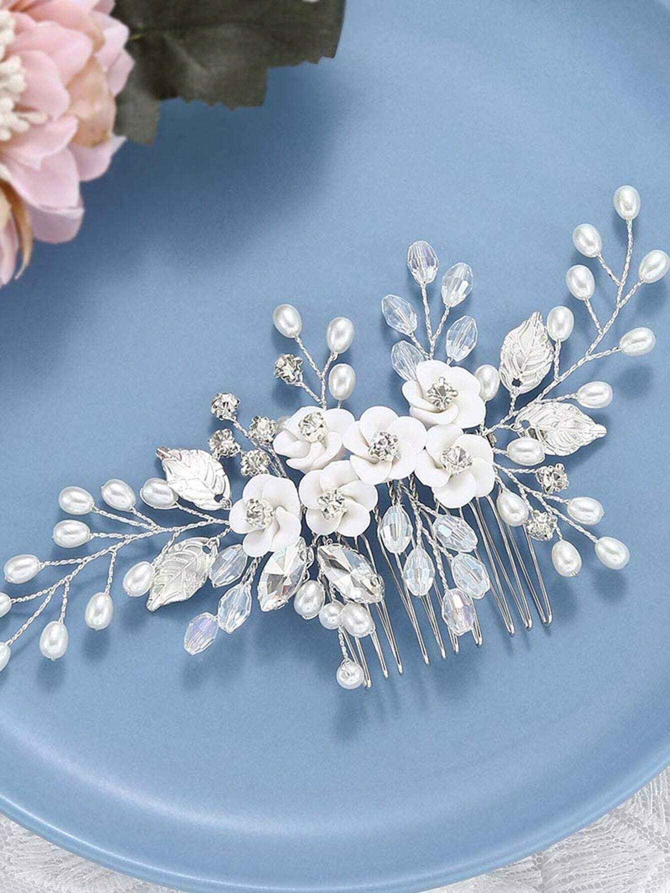 Sølv Hårsmykke med Hvide Blomster & Krystalperler