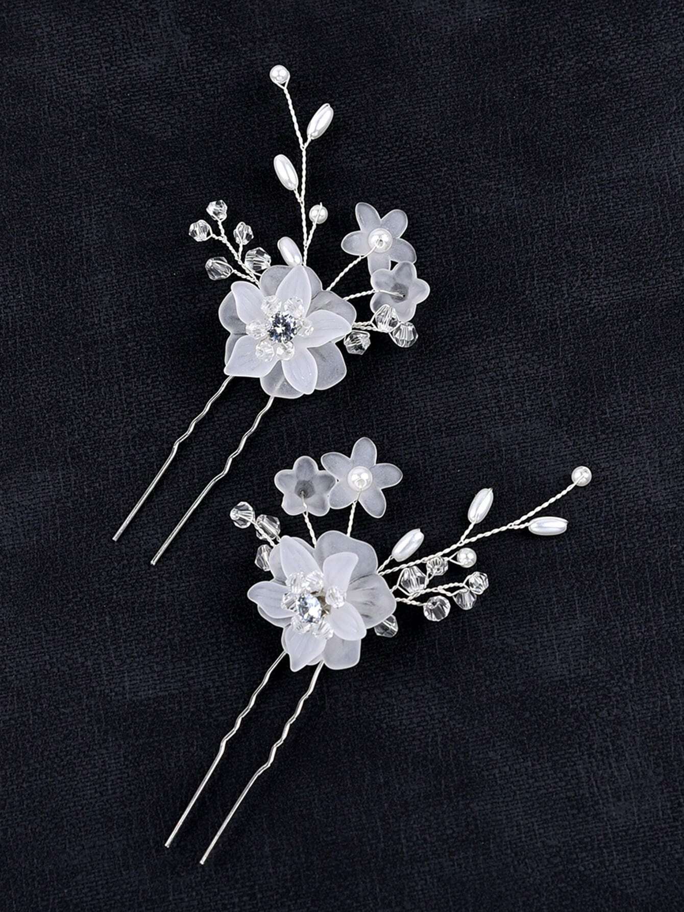 2 Sølv Hårnåle med Hvide Blomster og Perler