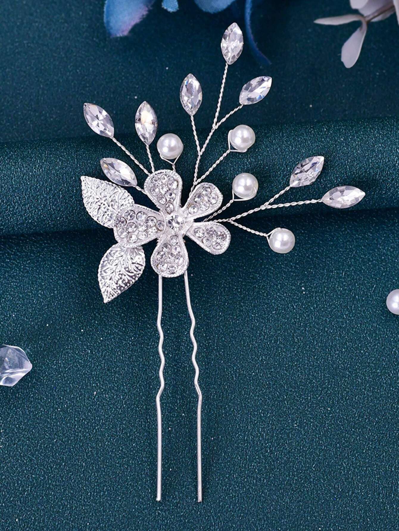 Sølv Hårnål med Blomst, Blade og Krystalperler