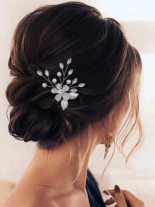 SÞlv HÄrnÄl med Blomst, Blade og Krystalperler