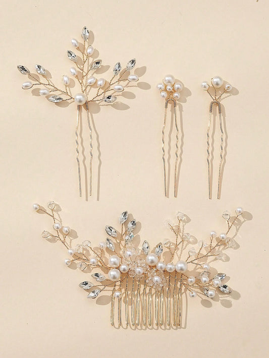 Gyldent HÄrsmykke & 2 HÄrnÄle - med Hvide & Klare Perler