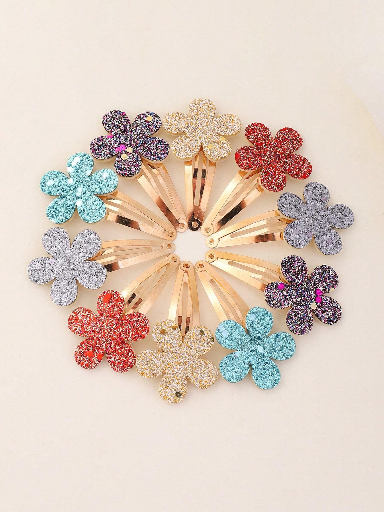 10 pcs Golden Hair Clips with Glitter Flowers
