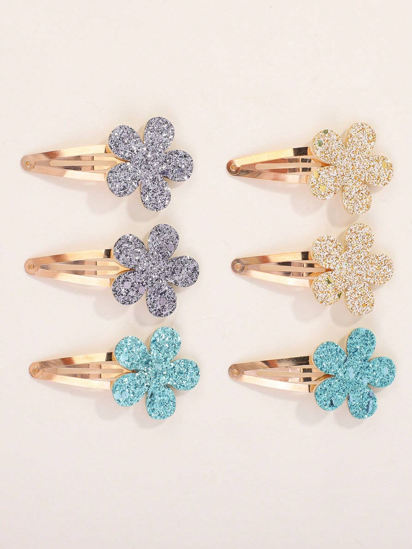 10 pcs Golden Hair Clips with Glitter Flowers