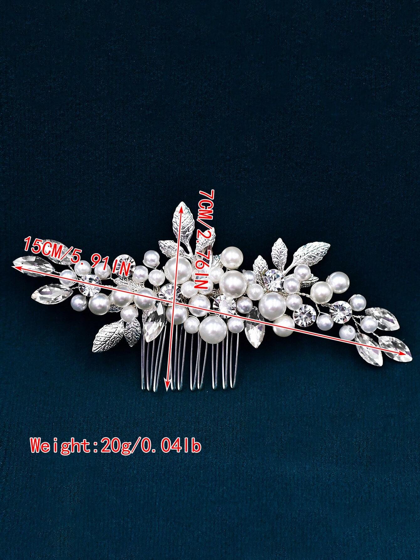 Stort Hårsmykke med Hvide Perler, Sølv Blade & Krystalperler
