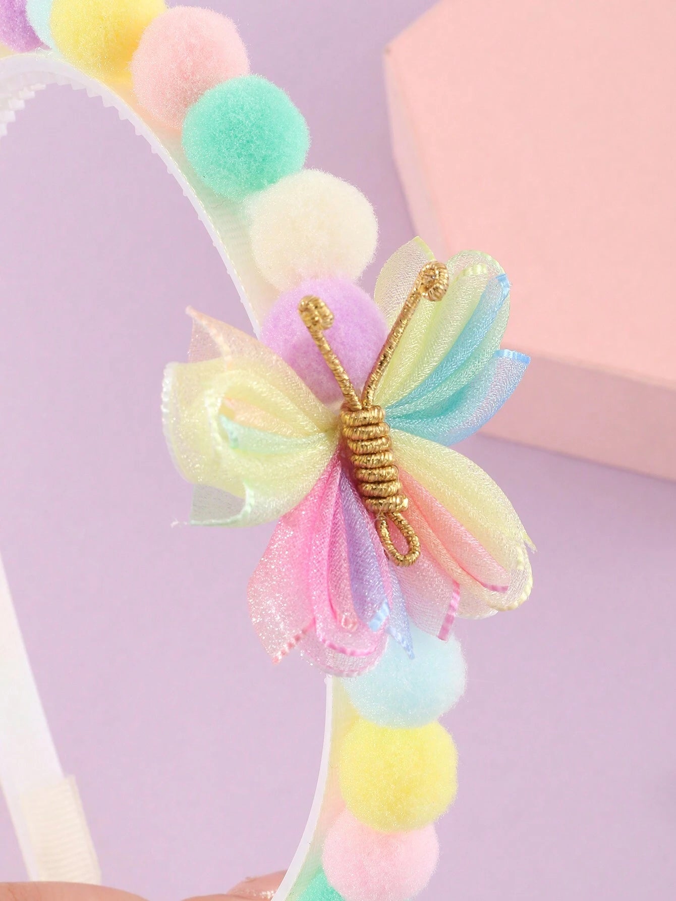Hårbøjle med Sommerfugle & PomPom'er - i Fine Pastelfarver