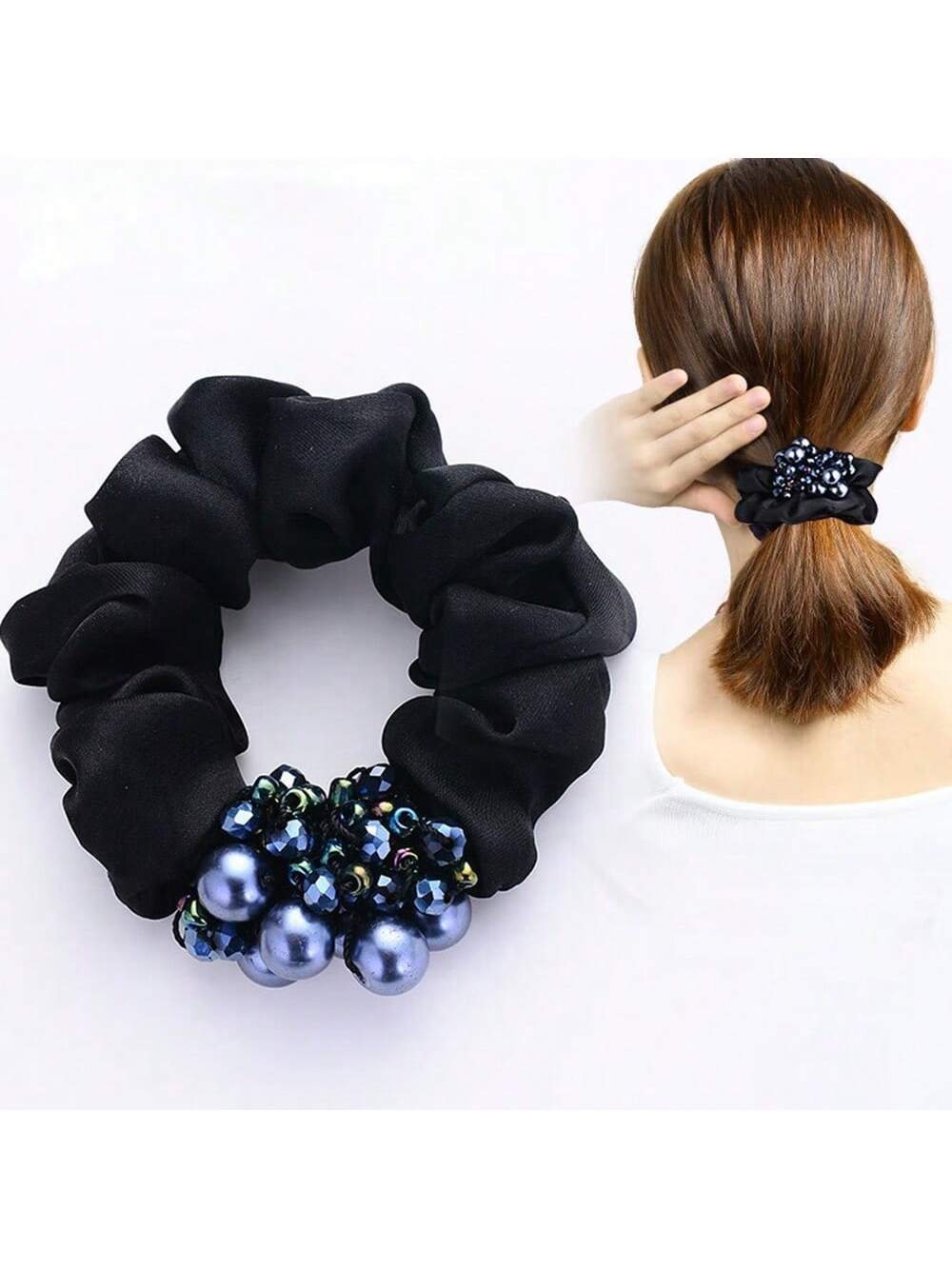 Sort Scrunchie Hårelastik med Perler