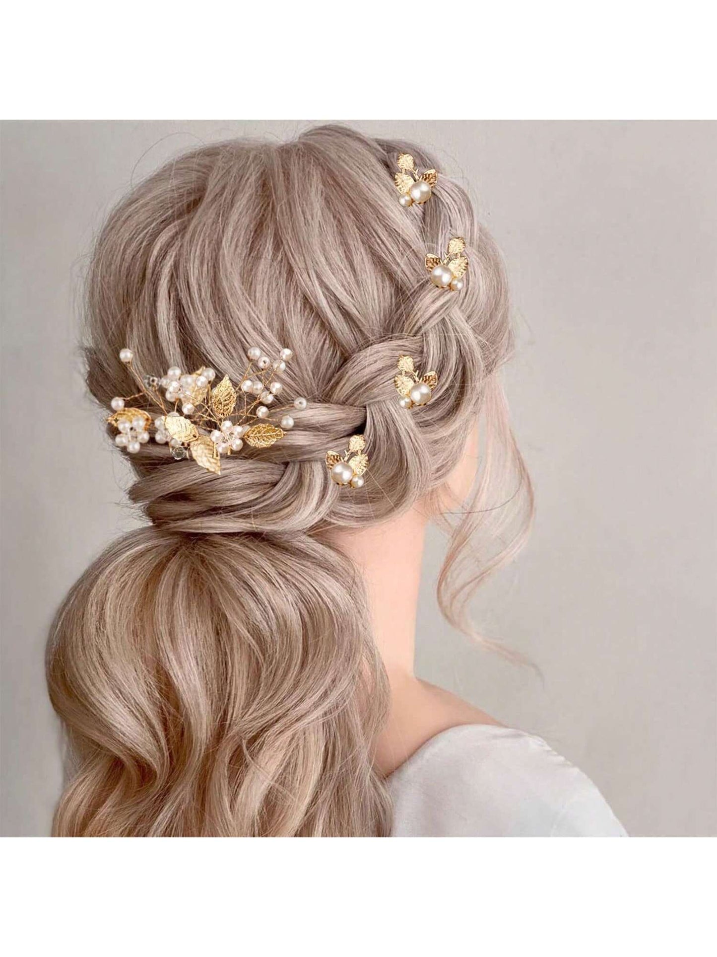 7 Stk Hårnåle med Gyldne Blade og Hvide Perler