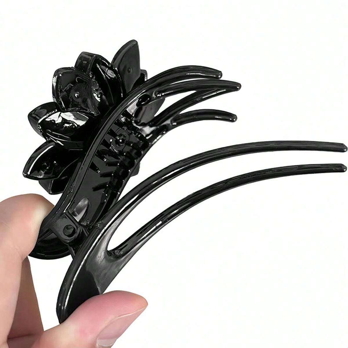 Stor Sort Hårklemme med Perle Blomst - i Gylden