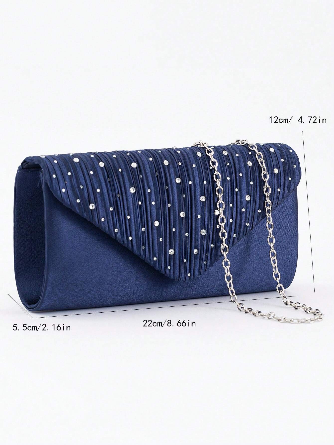 Clutch Bag - in Blue Satin with Beads & Pleated Design