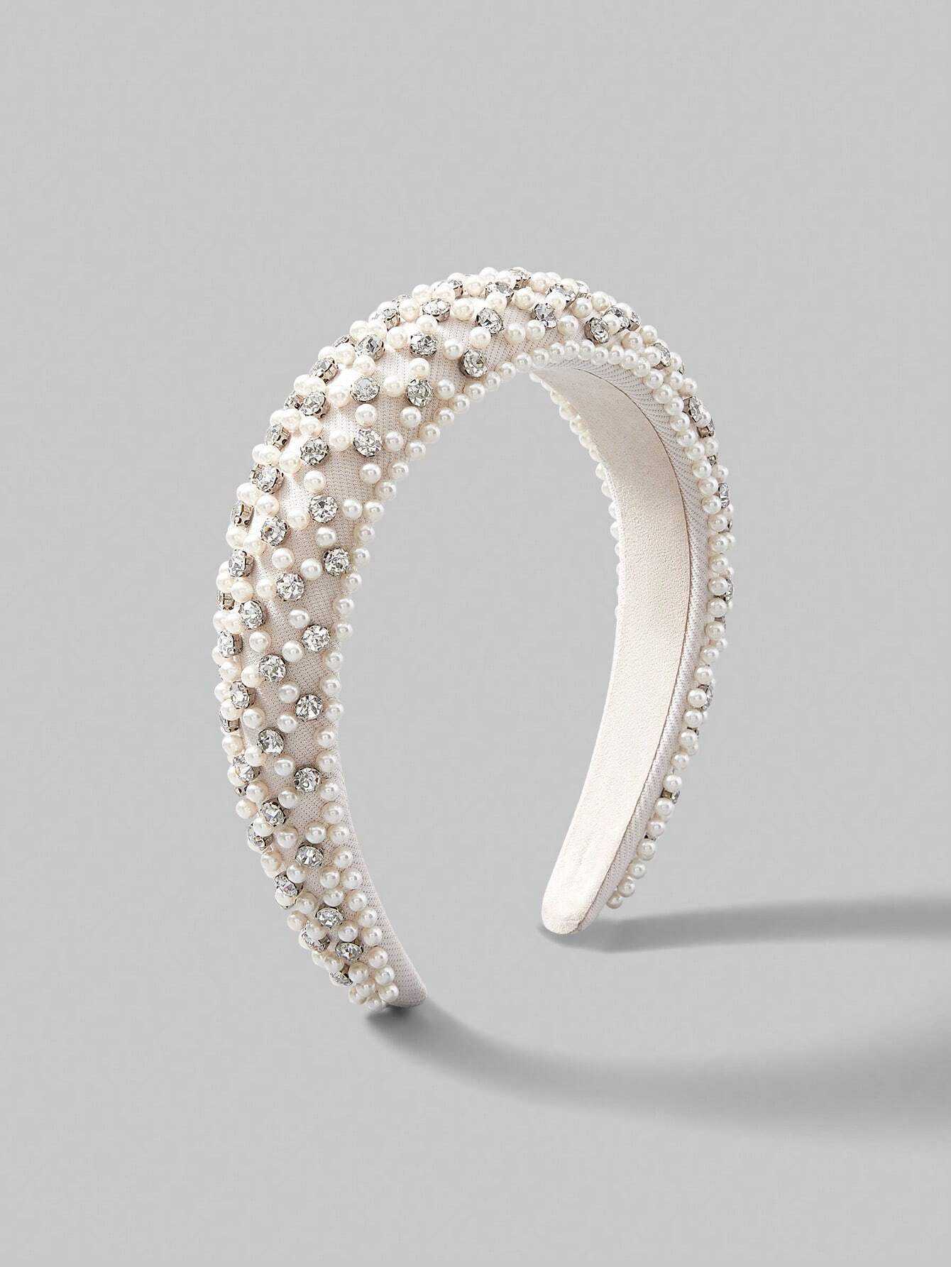 Padded Hairband - in Cream with Crystal Beads & White Pearls