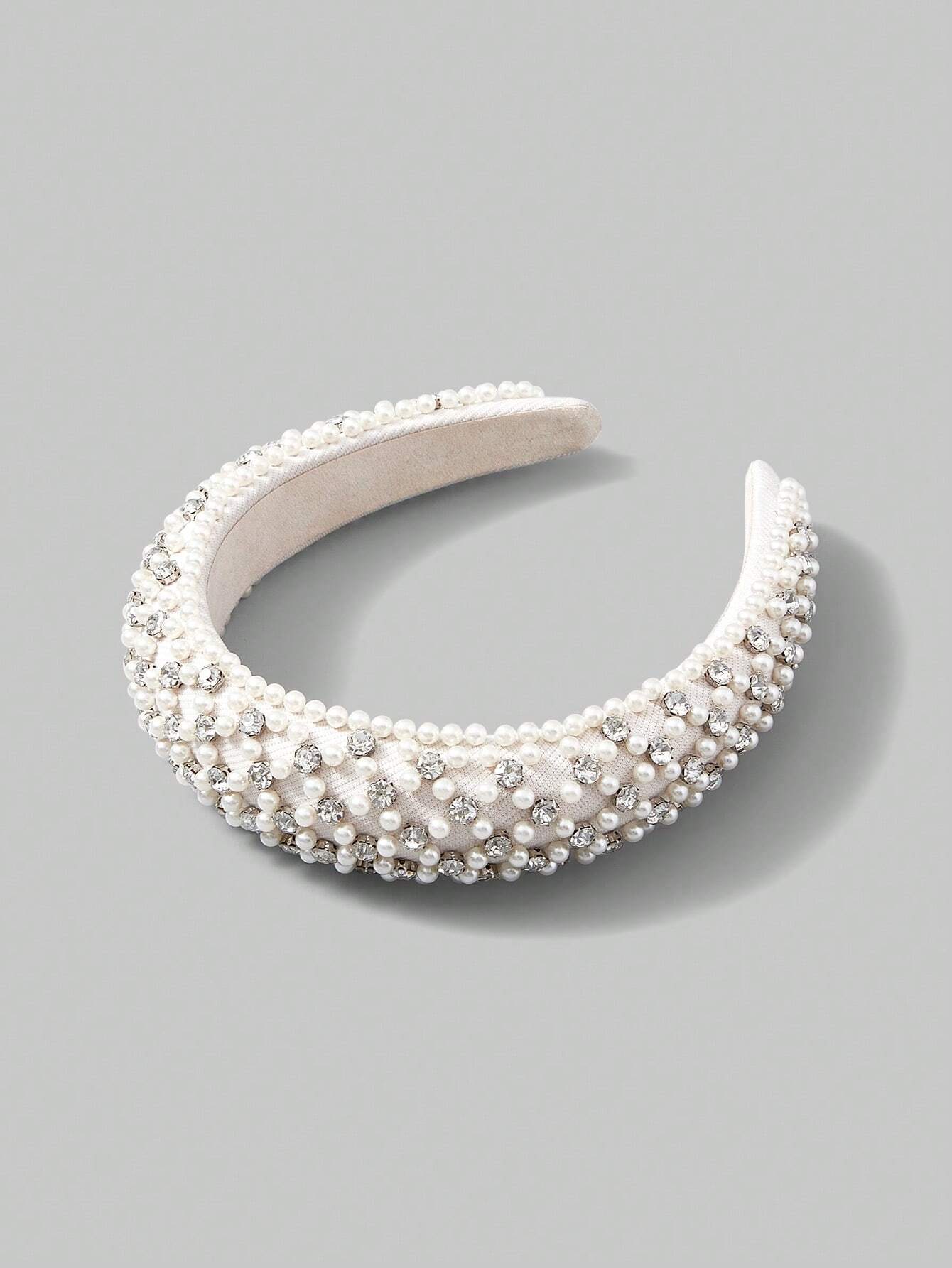 Padded Hairband - in Cream with Crystal Beads & White Pearls