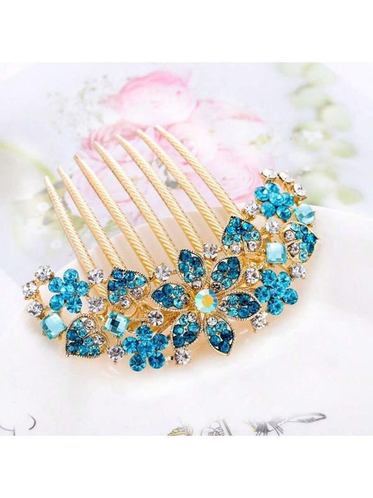 Gylden Kam med Blomst & Perler - i Turkise Nuancer