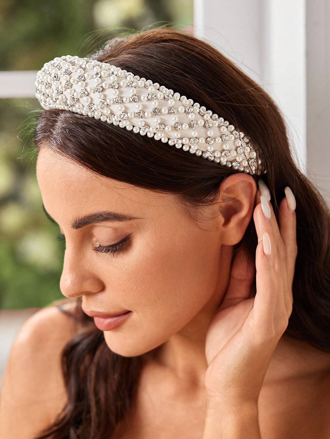 Padded Hairband - in Cream with Crystal Beads & White Pearls
