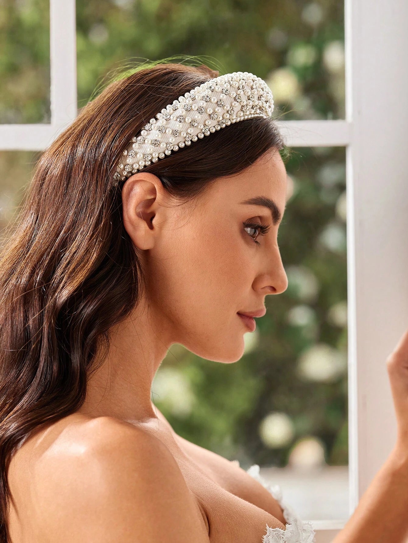 Padded Hairband - in Cream with Crystal Beads & White Pearls