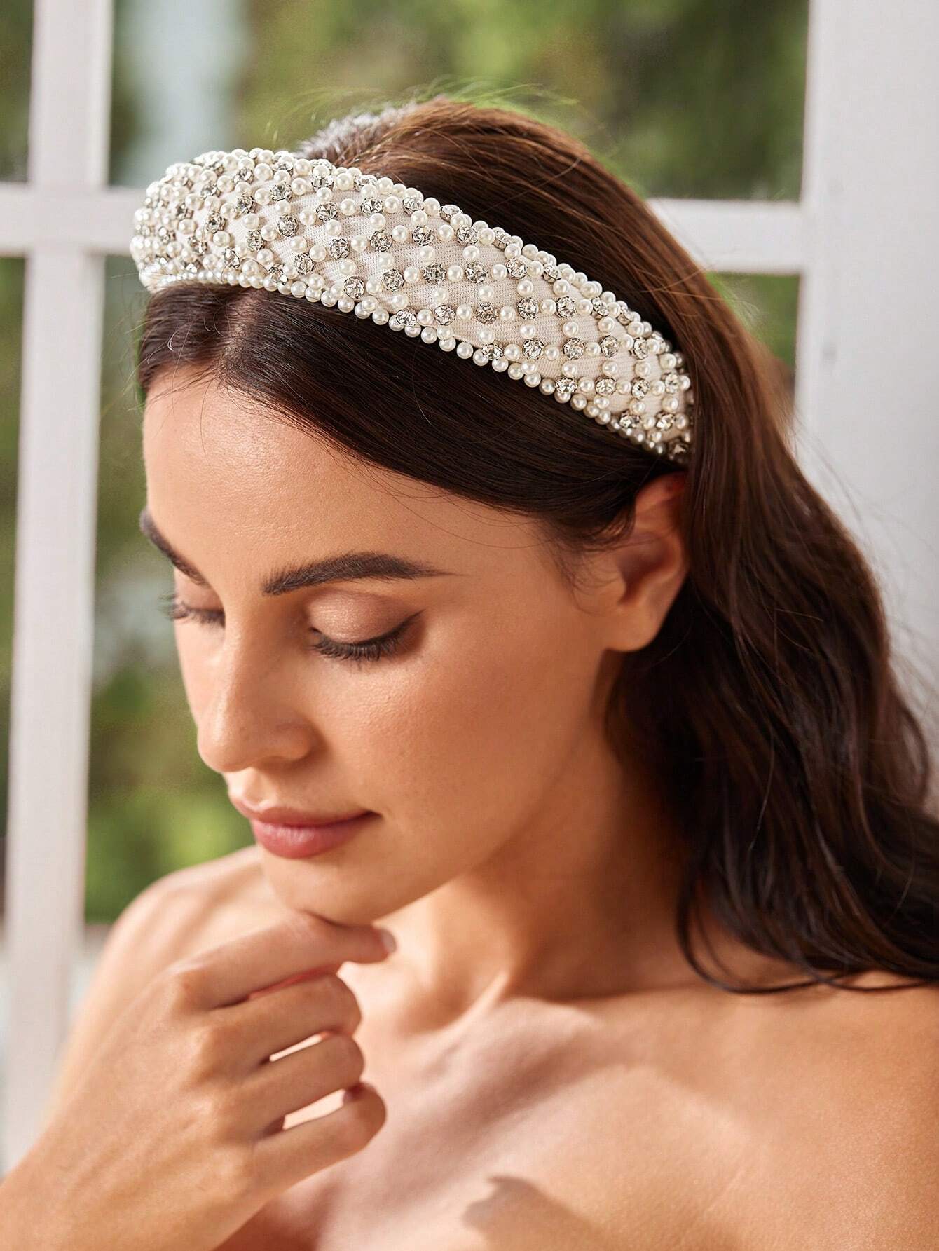 Padded Hairband - in Cream with Crystal Beads & White Pearls