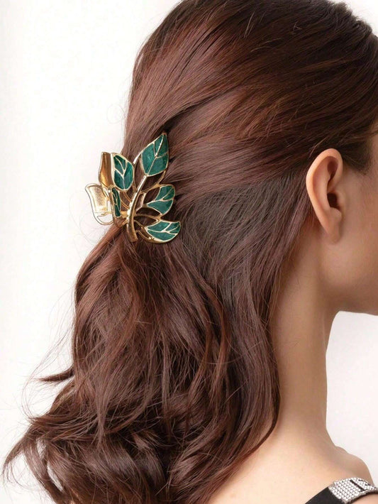 Gylden Hårklemme med Grønne Blade