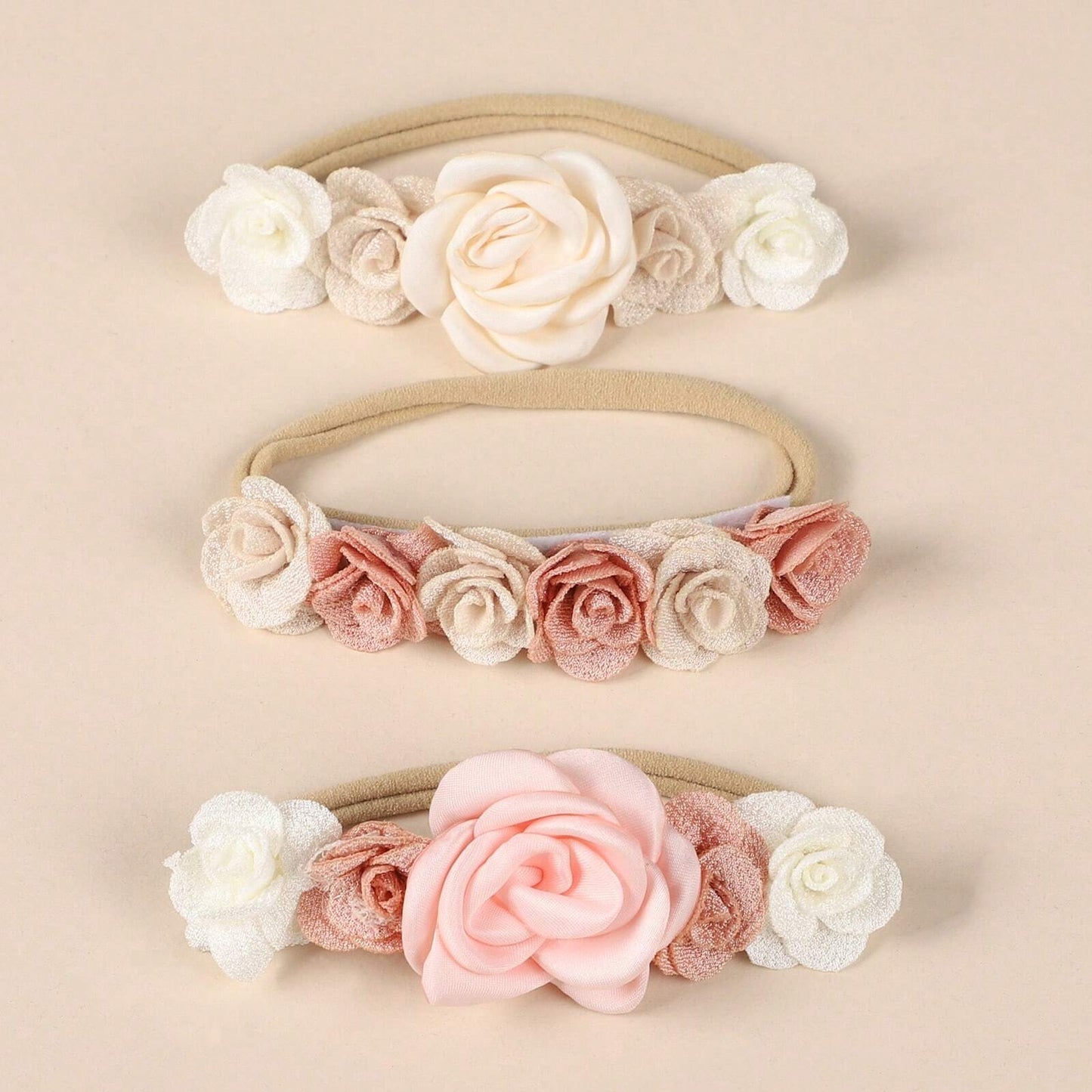 3 Baby Hårbånd med Blomster - i Hvid & Lyserød