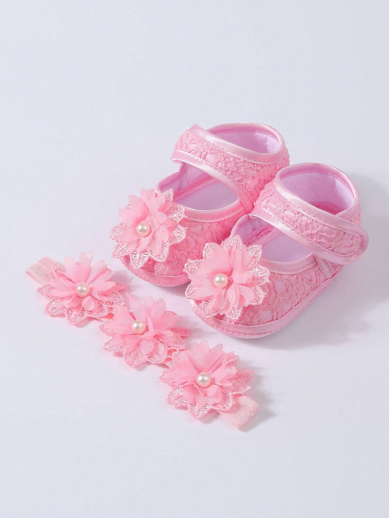 Sæt - Baby Hårbånd og Sko med Blomster - i Lyserød