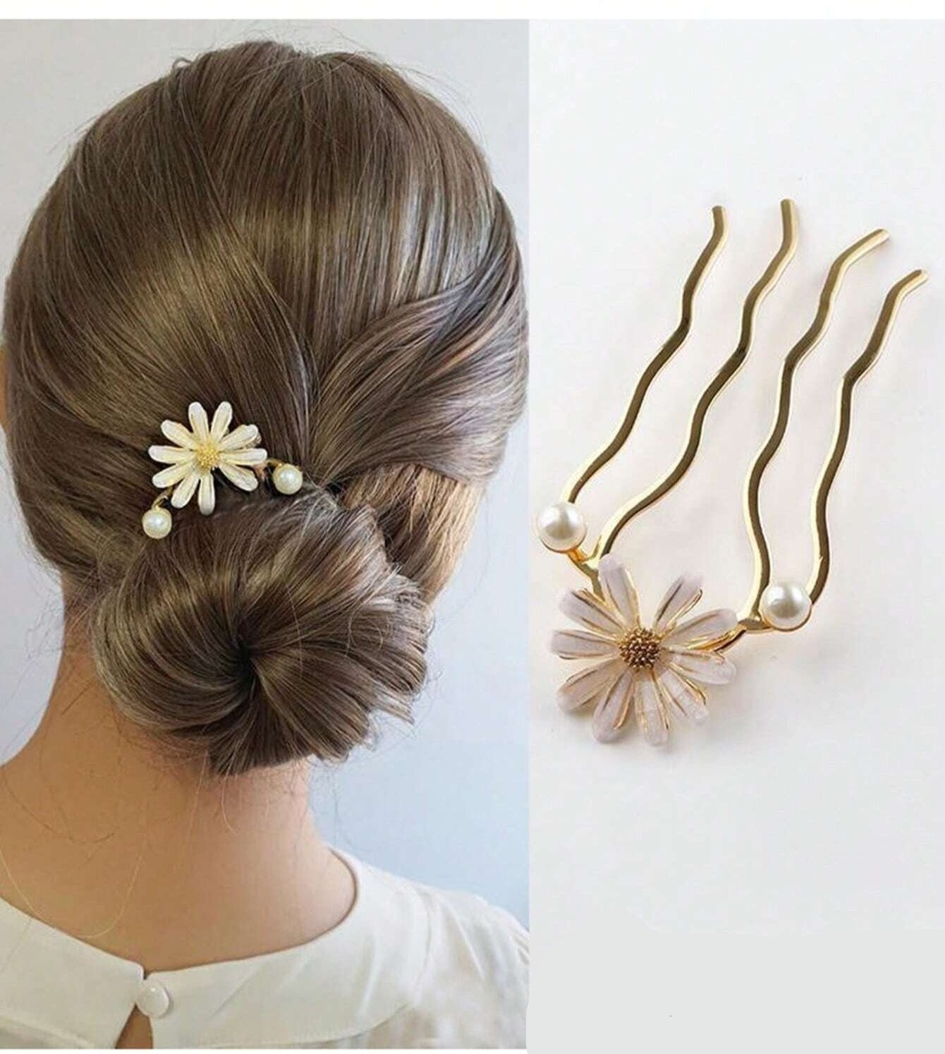 Gylden Kam med Marguerit (Daisy) Blomst & Perler