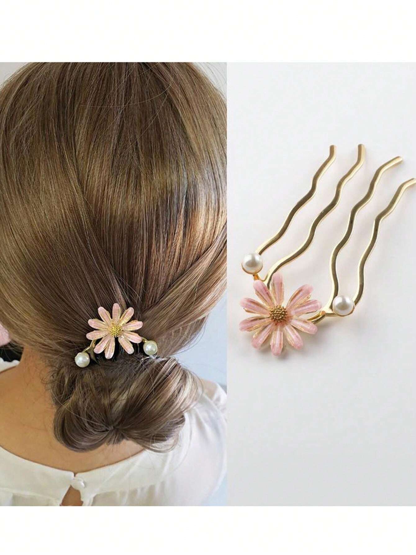 Gylden Kam med Lyserød Marguerit Daisy Blomst & Perler
